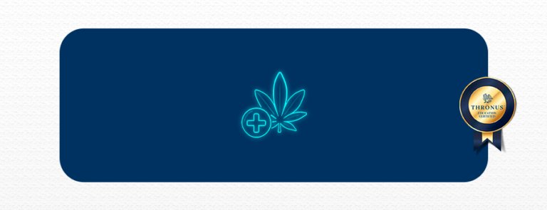 Fundo principal branco, com um bloco azul marinho, de bordas arrendodas. No centro desta última bloco, há o símbolo da planta cannabis ao lado de um símbolo médico e o selo da Thronus.