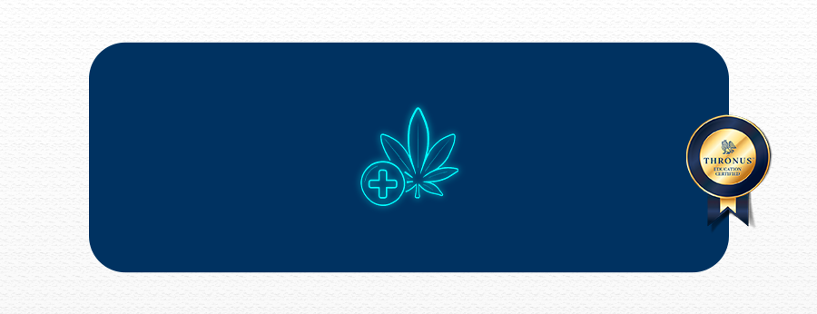 Fundo principal branco, com um bloco azul marinho, de bordas arrendodas. No centro desta última bloco, há o símbolo da planta cannabis ao lado de um símbolo médico e o selo da Thronus.